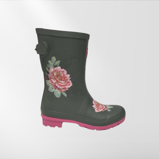 RAJN Women Kaki-Pink Flower Rubber Boots